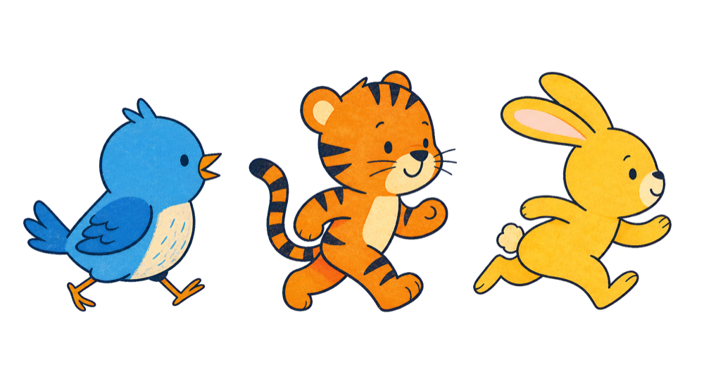 Illustrated bird, tiger, and rabbit moving alongside the learning path