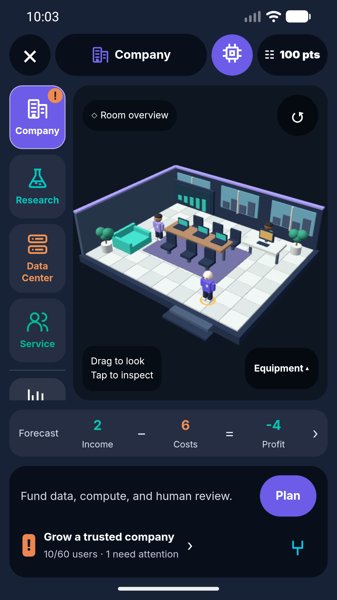 AI Startup showing Company, Research, Data Center and Service rooms, a 3D office, and a forecast of income and costs