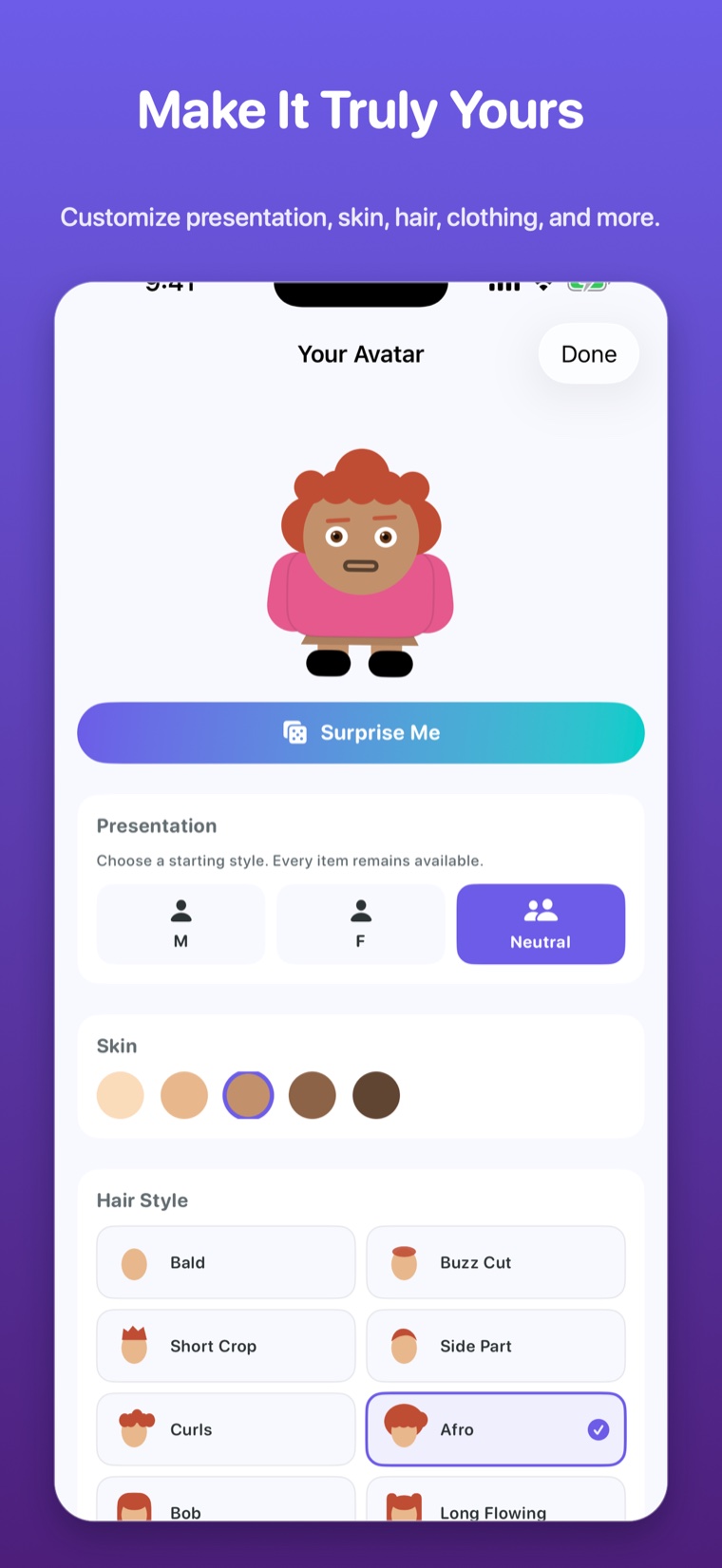 Vizancia avatar customization screen