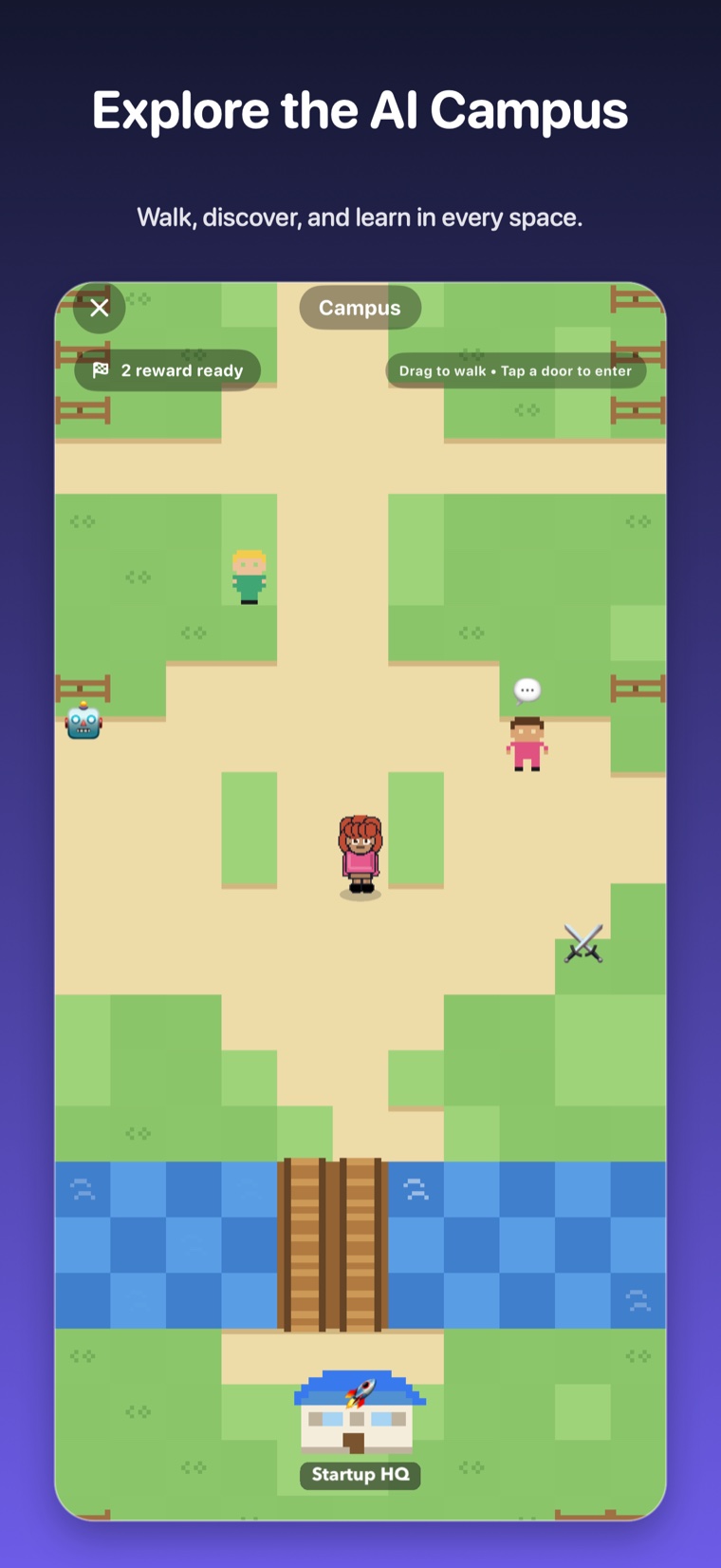 Vizancia app preview showing an avatar exploring the walkable AI Campus