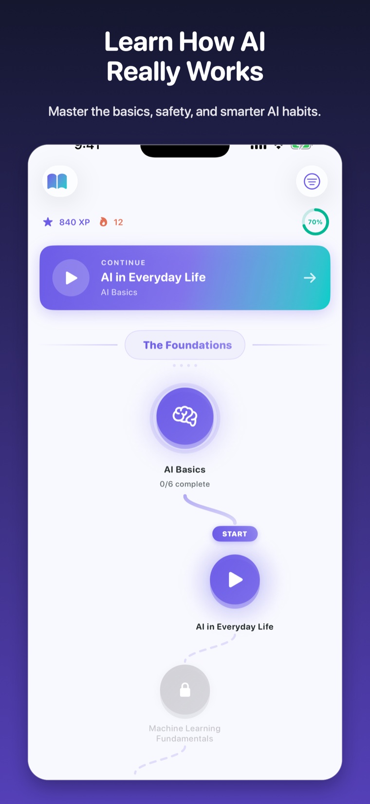Vizancia learning path screen for AI Basics