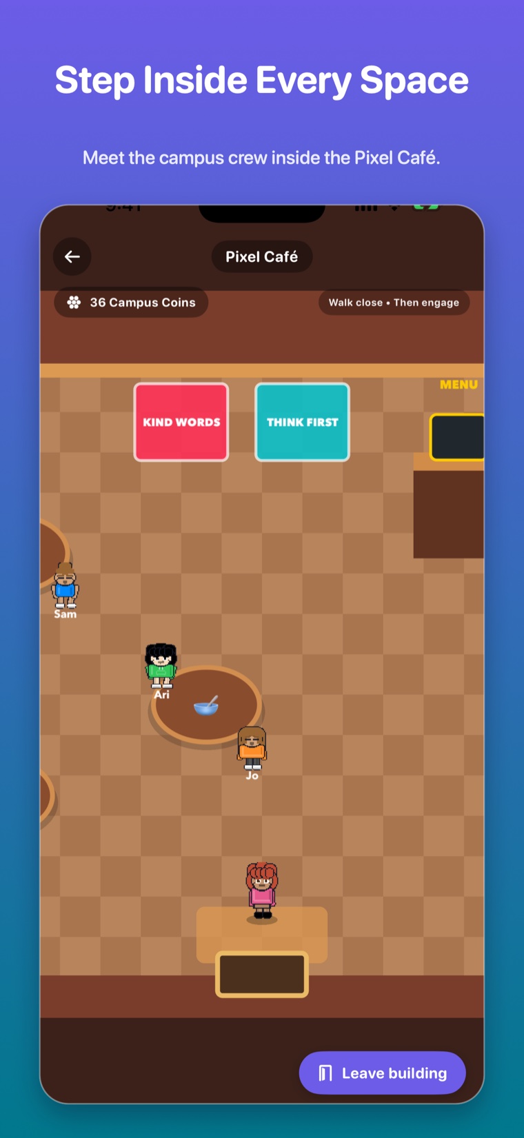 Pixel Café screen with an avatar and campus characters