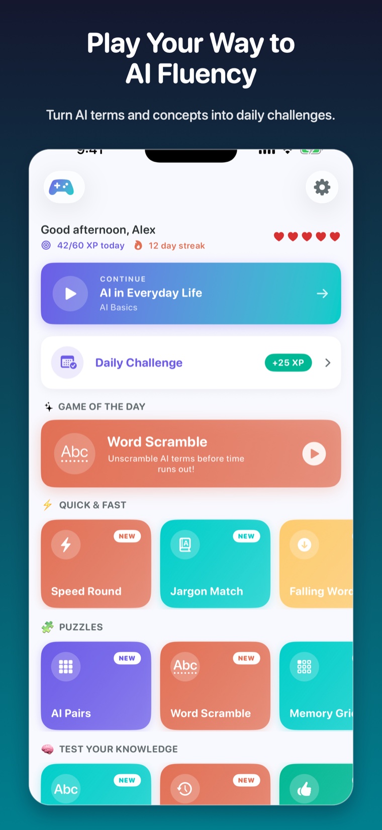 Vizancia games screen with the daily challenge and mini-games