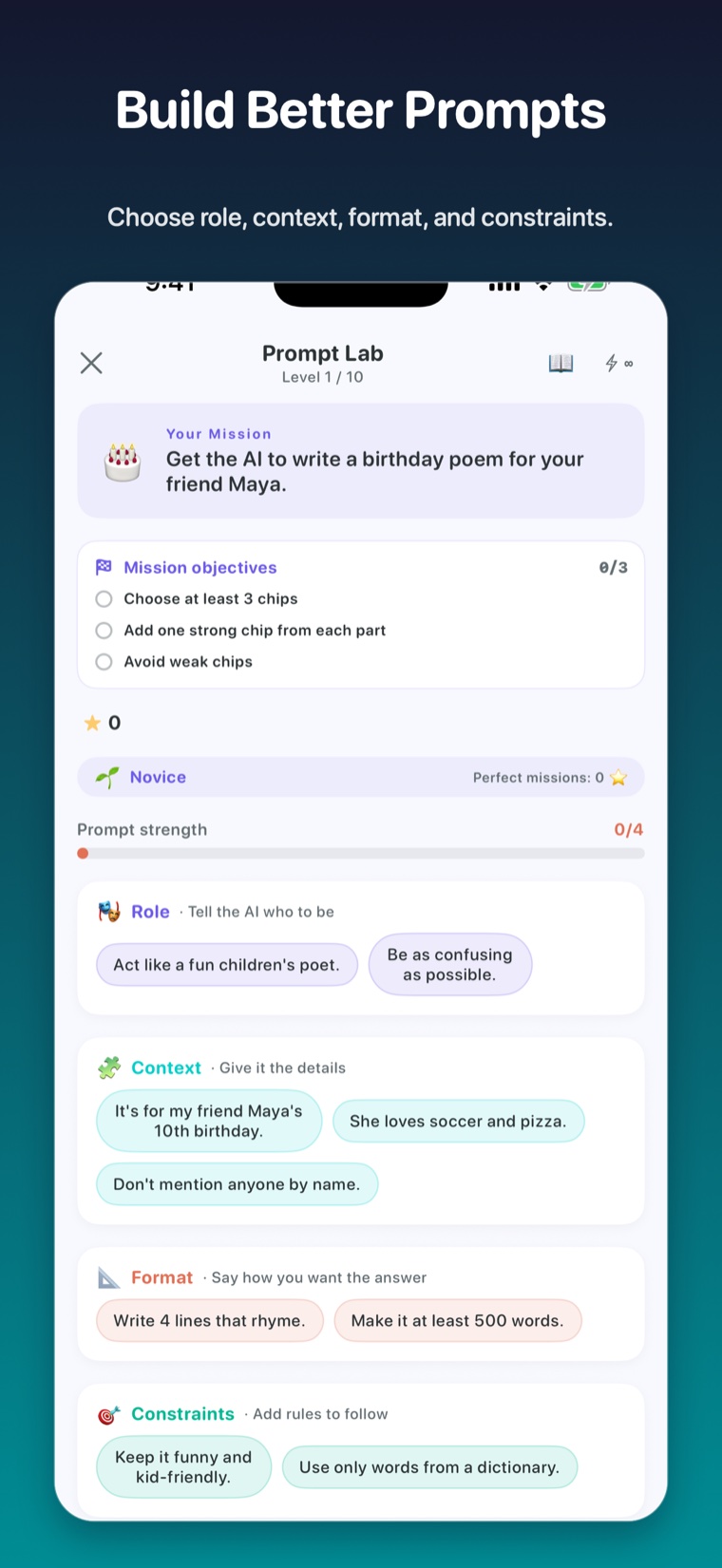 Prompt Lab screen for choosing role, context, format and constraints
