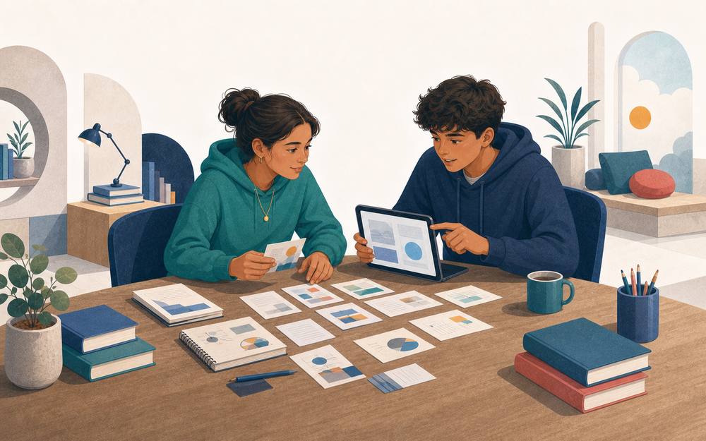 Representative illustration of a learner applying AI literacy skills through varied practice activities