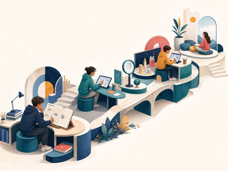 Representative illustration of a guided AI literacy campus with distinct learning zones