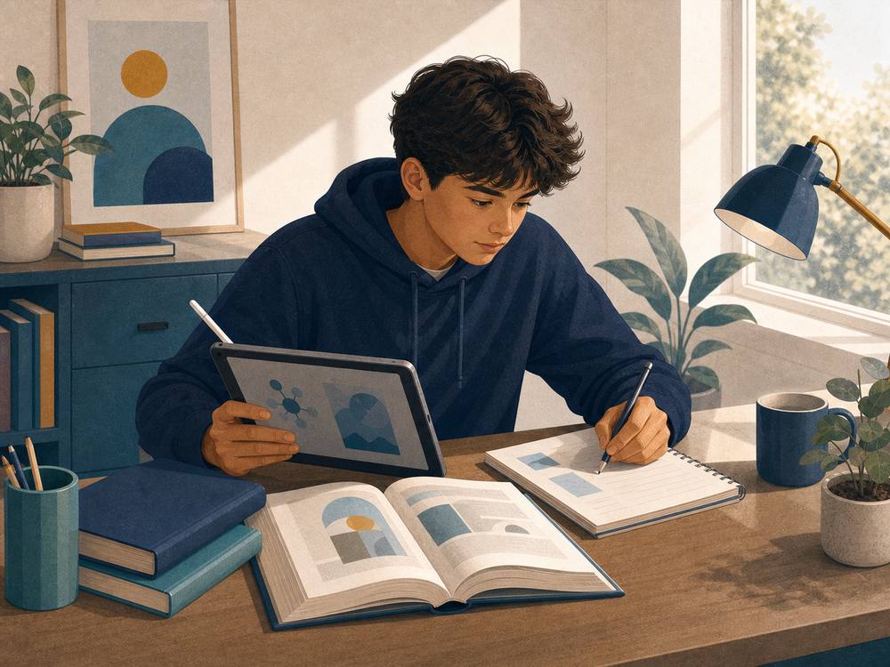 Teen learner using a tablet, notebook, and reference material during an independent homeschool lesson