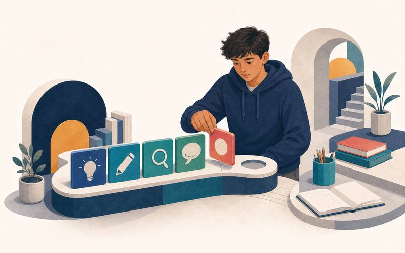 Representative illustration of a learner reviewing progress across an AI literacy pathway