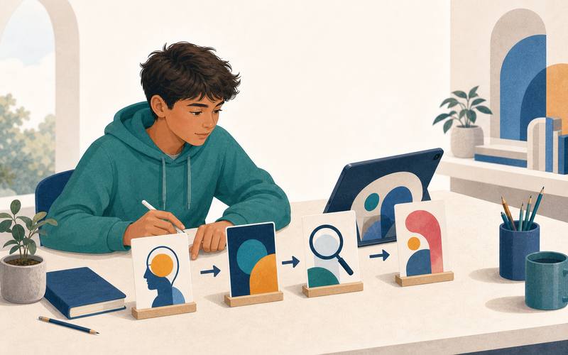 Representative illustration of a learner working through a focused AI literacy lesson