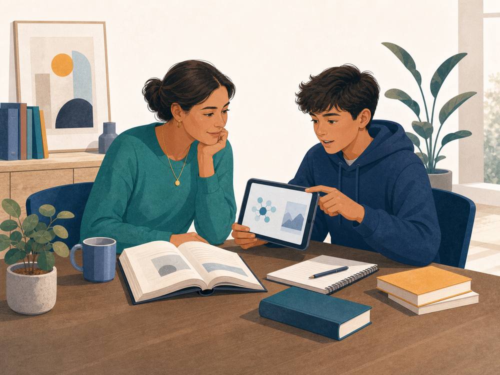 A parent and teenager compare an AI answer on a tablet with a reliable reference book